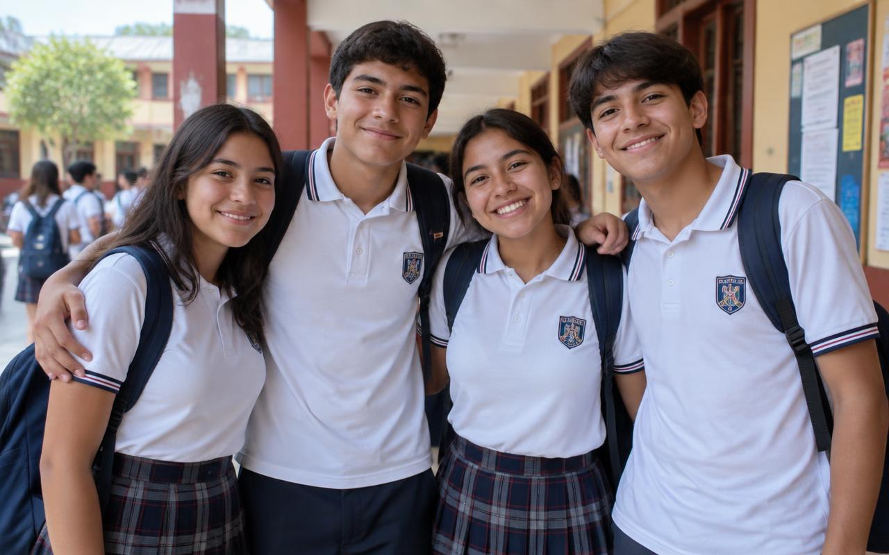 Estudiantes de colegio sonriendo en el patio